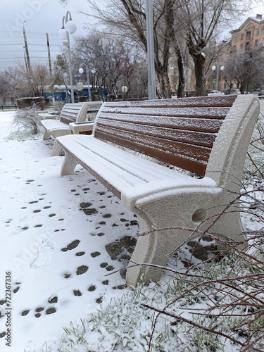 A snow-covered bench in the city park