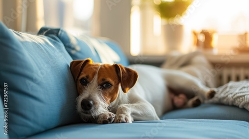 Cute jack russel dog on a blue sofa of a cozy scandinavian interior house, pet having a nap.