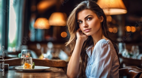 close-up of pretty young woman sitting in the restaurant, woman on restaurant background, woman in the cafe