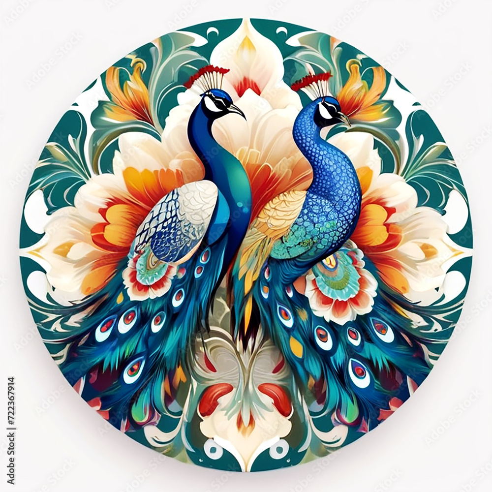 Colorful Peacocks with a decorative pattern floral and ornamental mandala style design