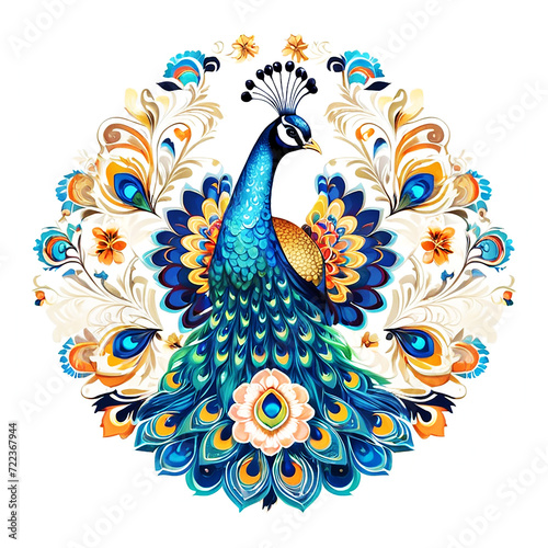 Colorful Peacocks with a decorative pattern floral and ornamental mandala style design