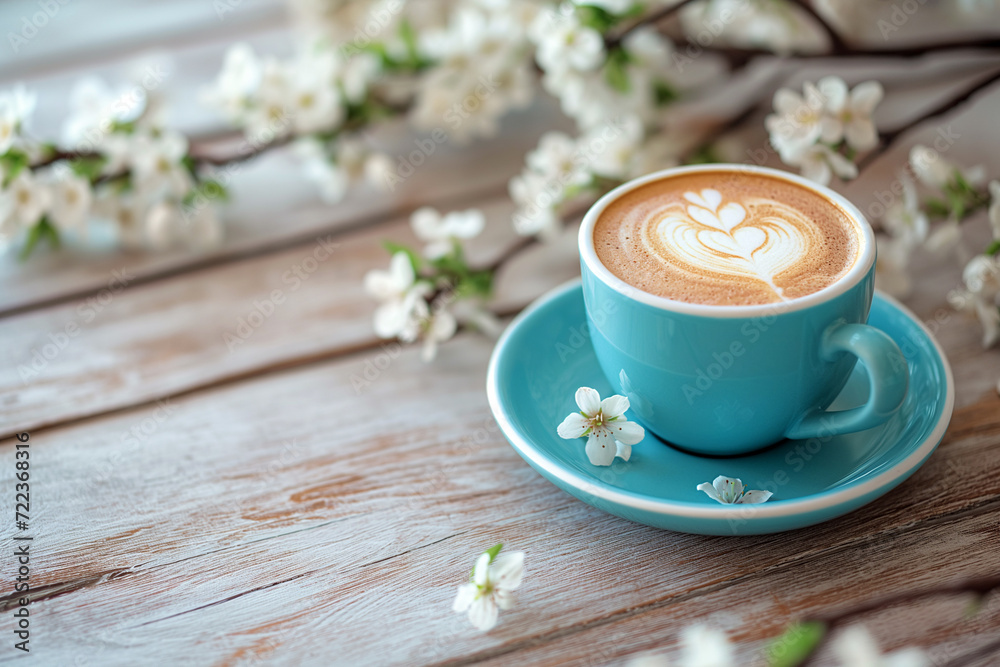 Spring composition with cup of hot coffee among blooming tree branches outdoors. Coffee cup with latte art and spring blossom. Coffee table in a spring garden, spring concept - obrazy, fototapety, plakaty 