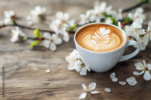 Spring composition with cup of hot coffee among blooming tree branches outdoors. Coffee cup with latte art and spring blossom. Coffee table in a spring garden, spring concept