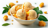 rounded scoop mango ice cream, top view on white background, photorealistic no cone