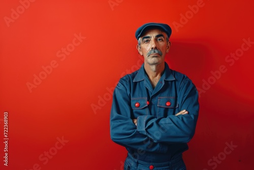 An older man, an Italian in the clothes of a plumber, a loader and a cap. An adult model poses in the studio on a red background