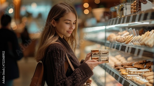 A beautiful woman buying a small box of cookies at shop. Generative AI.