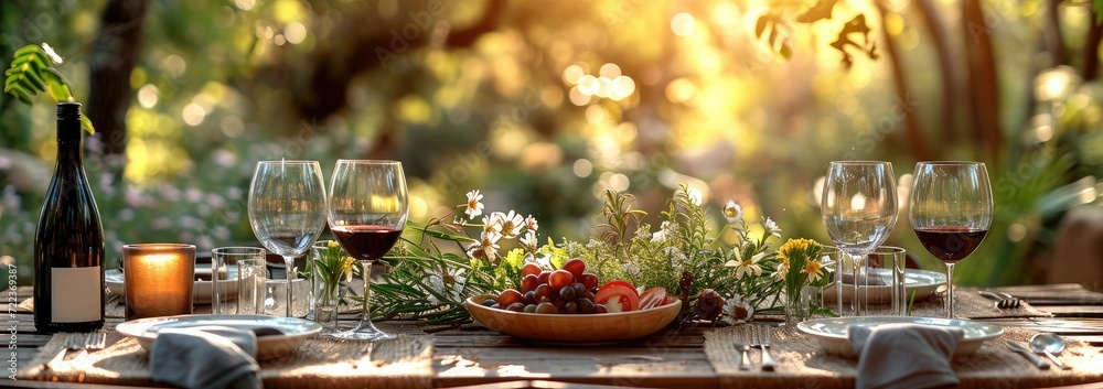 A lovely dinner in an outdoor setting with plants. On a wooden table. Generative AI.