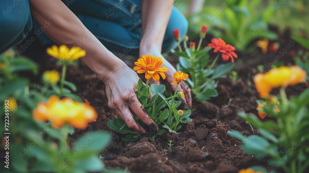 Naklejka premium Hands of a gardener carefully planting vibrant marigolds in rich garden soil, nurturing growth and sustainability