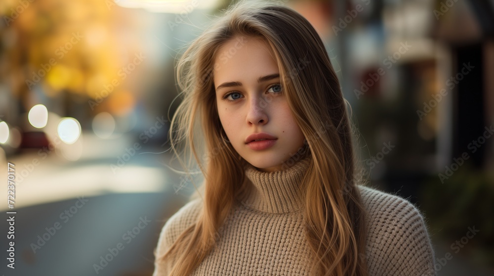 Portrait of a young blonde Scandinavian woman with blue eyes, wearing winter fashion, street background Portrait of a young blonde Scandinavian woman with blue eyes, wearing winter fashion, street background