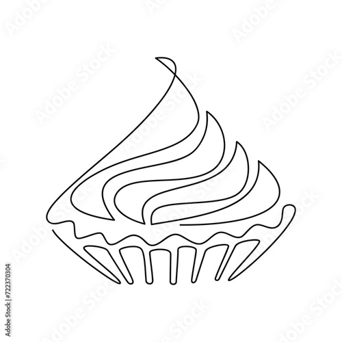 Minimal hand drawn illustration. Vector cake muffin creamy cupcake. One line continuous drawing. Linear dessert icon. Food print, banner, card, brochure, bakery logo, caffe sign, symbol, cafe menu.
