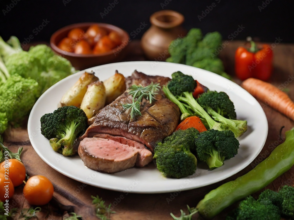 Roasted meat and vegetables with green healthy food