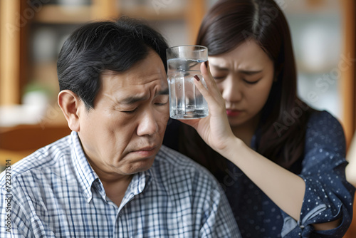 Asian woman puts a glass of ice water to a man's head to ease his headache. Worried woman comforting senior man with glass of cold water as a compress. Daughter helping her father while ill photo