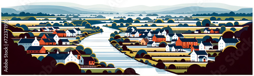 Idyllic Rural Village Illustration - Quaint Country Houses amidst Verdant Fields and Trees, Concept of Peaceful Countryside Living & Community Harmony