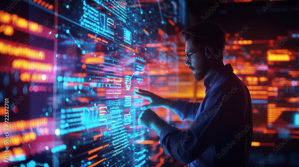 A programmer brainstorming ideas on a transparent digital screen ...