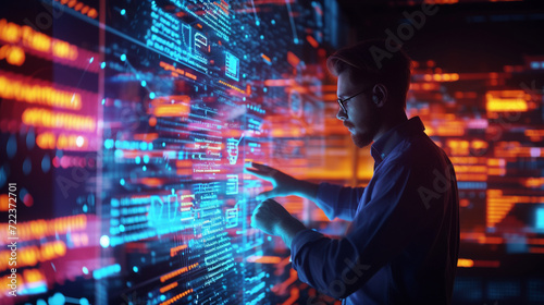 A programmer brainstorming ideas on a transparent digital screen  surrounded by floating code elements  capturing the innovative and imaginative aspects of software development  wi