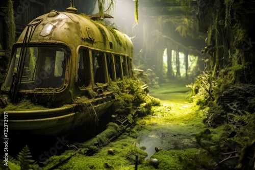 An overgrown bus lies abandoned in a lush forest, with nature reclaiming the once-occupied space.. photo