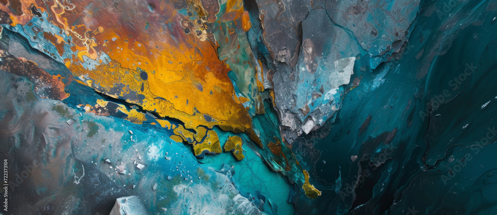 Abstract artistry: a vibrant clash of gold and turquoise in a fluid dance of colors and textures