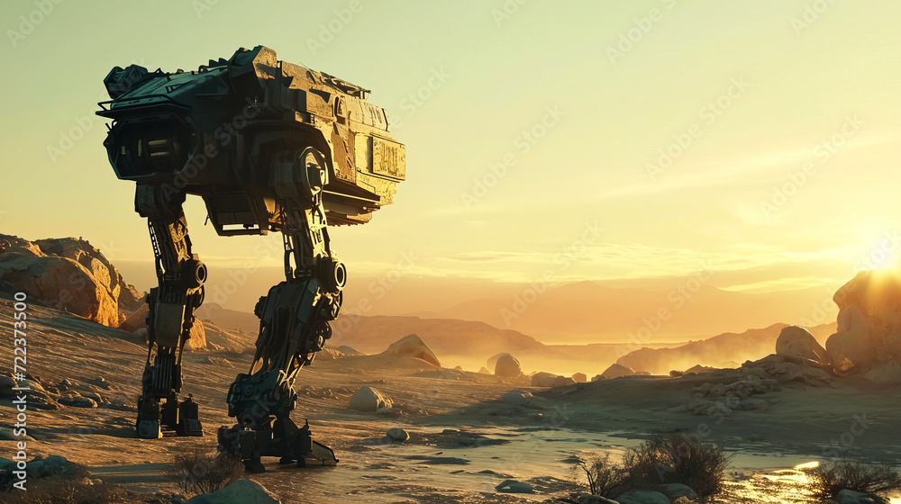 A moving city on top of a giant crawler robot walking in the middle of the desert, futuristic, - AI Generated
