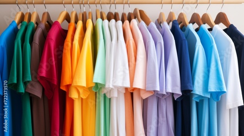 colorful of t-shirt with hangers in market, Fashion style. Neural network AI generated art