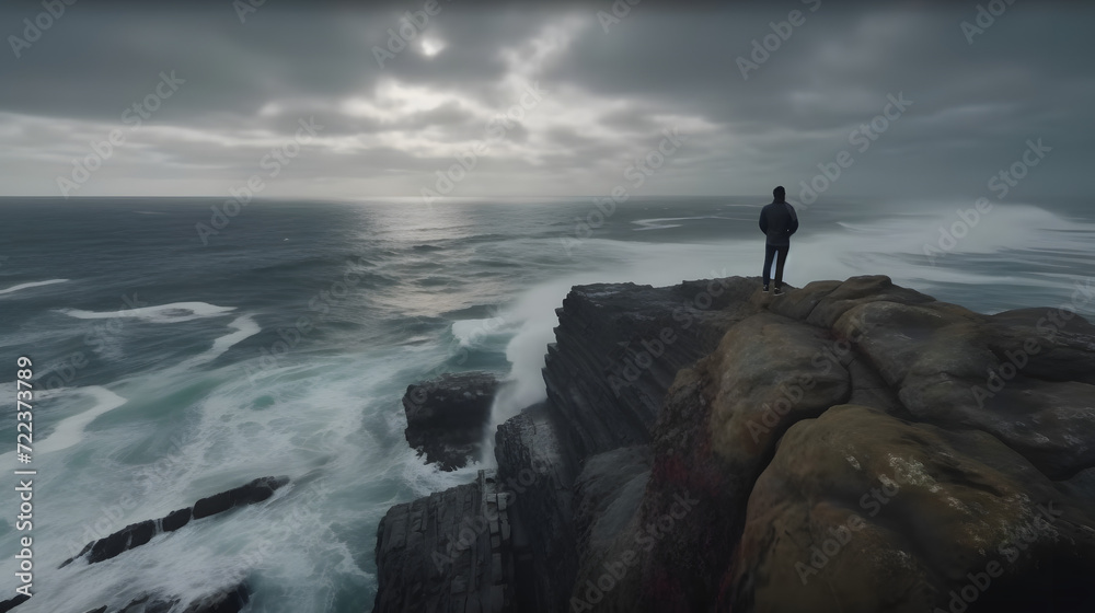Solitude at the Cliffs: A Person Contemplating the Vast Ocean AI-Generative
