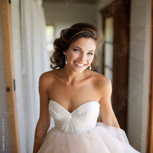 Beautiful wedding bride, girl posing and smiling on her wedding day, brazilian bride.