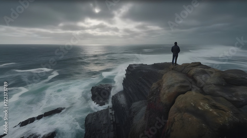 Solitude at the Cliffs  A Person Contemplating the Vast Ocean AI-Generative