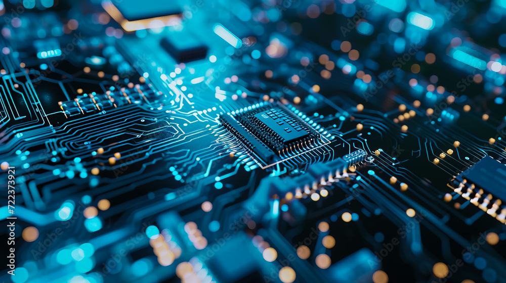 Close - up of modern computer micro chip in blue light - AI Generated Close - up of modern computer micro chip in blue light - AI Generated