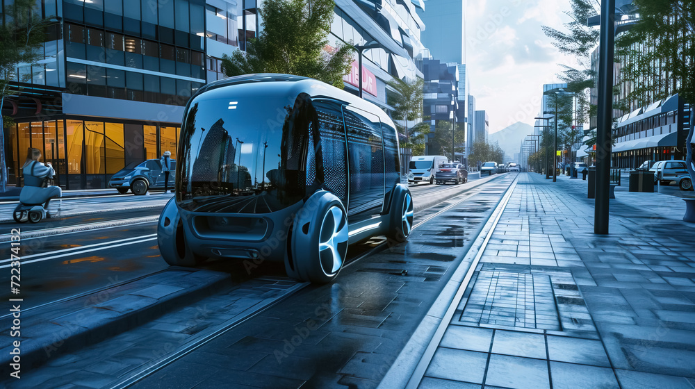 Obraz premium Futuristic mean of transportation in ultra modern city, autonomous vehicles - AI Generated