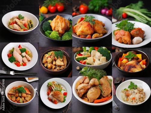 Collage of healthy food in the dishes variety. Various gourmet restaurant dishes collage menu design, 