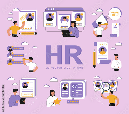Big set hiring illustrations. Hr managers searching new employee, reading CV and giving job candidate review. Recruitment agency concept. Vector illustration isolated on background