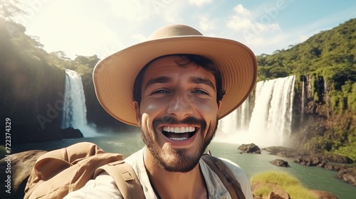 Adventure Selfie. Handsome Tourist at National Park Waterfall - Travel Lifestyle Concept with Happy Man in Hat and Sunglasses Enjoying Nature's Freedom. Wanderlust Selfie