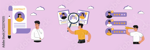 Set hiring illustrations. Hr managers searching new employee, reading CV and giving job candidate review. Recruitment agency concept. Vector illustration isolated on background