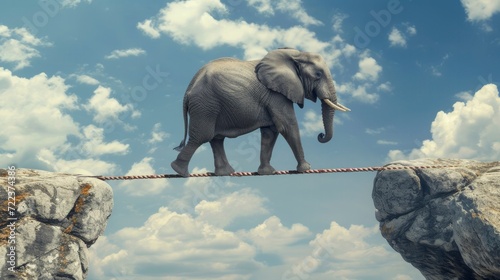 Whimsical Balance, Elephant Tightrope Walker Between Two Rocks in the Sky