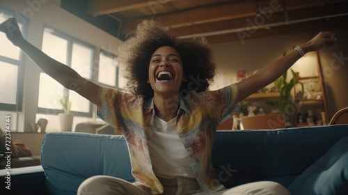 Afro-American Woman Dancing Joyfully on Sofa at Home - Smiling Girl Relaxing on Couch, Enjoying Day Off - Healthy Lifestyle, Positive Vibes, New Home Concept for Stock Photo.