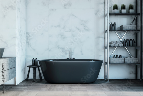 Bright concrete and wooden bathroom interior with various objects. 3D Rendering. photo