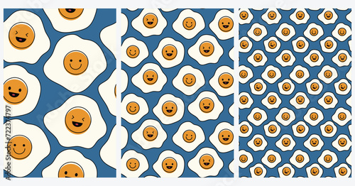 Set of 3 seamless pattern with fried egg and emoticon. Vector Illustration. Cute, simple, trendy, modern and elegant texture for textile. 