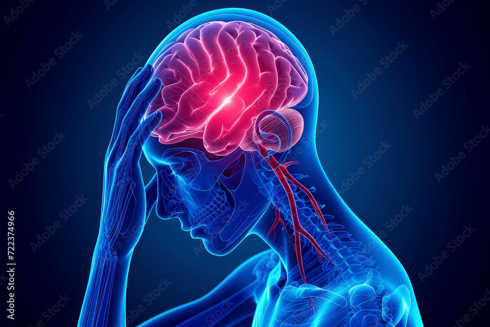 Human Head With Red Highlighted Brain - obrazy, fototapety, plakaty 