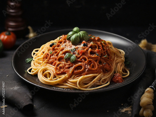  italian spaghetti on the dark plate 