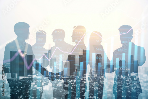 Group of businesspeople standing on blurry city background with forex chart. Trade and finance concept. Double exposure.