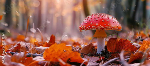 A lone, vibrant toadstool stands among fallen autumn leaves, bathed in the soft glow of a forest at dusk