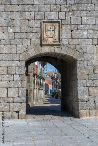 Detailed view at the iconic King´s Gate, an iconic main gate entrance on Trancoso Castle, Trancoso village downtown, Portugal