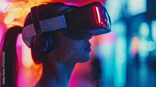 Young woman wearing VR goggles in neon light at night, innovation and using technology concept. © okfoto