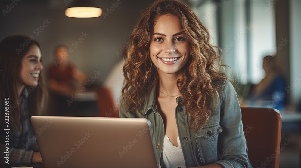 happy woman working on a laptop