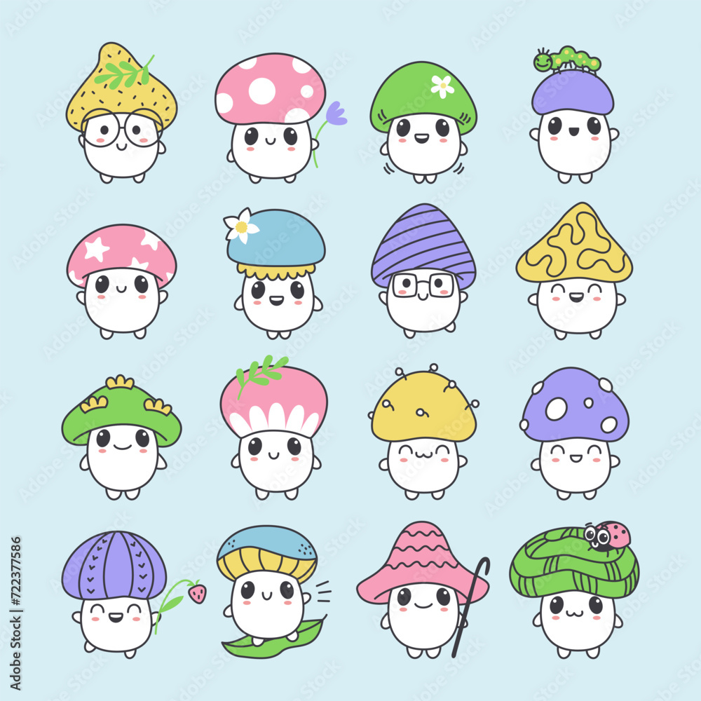 Obraz premium Large set of small kawaii mushrooms of different characters. Cute cartoon stickers. Vector isolated illustration