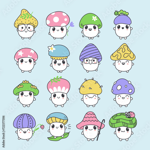Large set of small kawaii mushrooms of different characters. Cute cartoon stickers. Vector isolated illustration