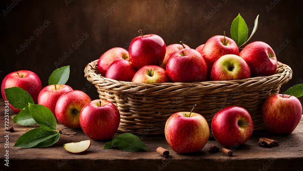 Red apples in wicker basket on wooden table, apple harvest background wallpaper Red apples in wicker basket on wooden table, apple harvest background wallpaper