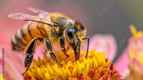 Close-up of a bee on a flower, collecting nectar, greeting card with copy space. © okfoto