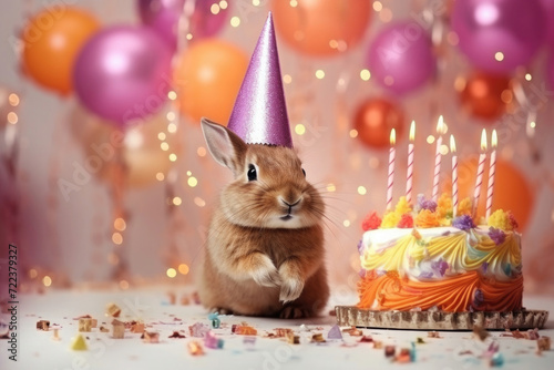 red bunny in a birthday hat with a cake with a candle, balloons and bokeh