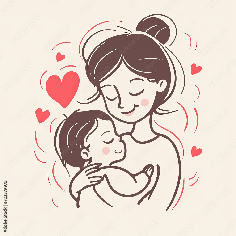cute illustration of mother and baby cuddling, happy mothers day , love bonding 
