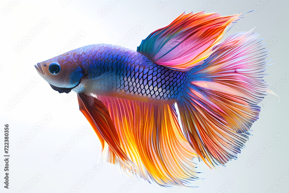 Beautiful Siamese fighting fish swimming gracefully in an isolated white aquarium, showcasing its vibrant gold, orange, and red colors against a serene underwater backdrop